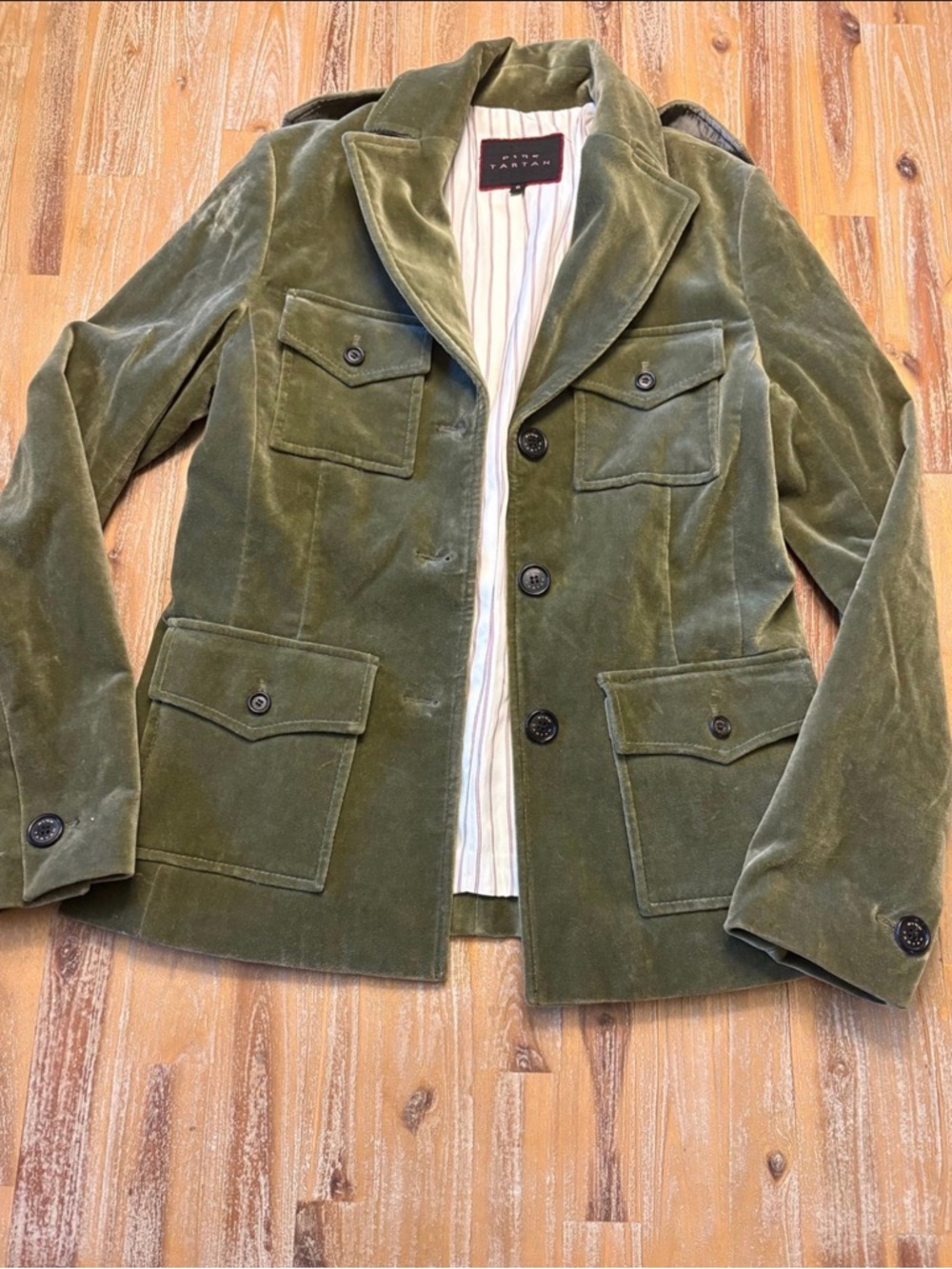 Pink Tartan Olive Green Velvet Field Jacket - Sz 6